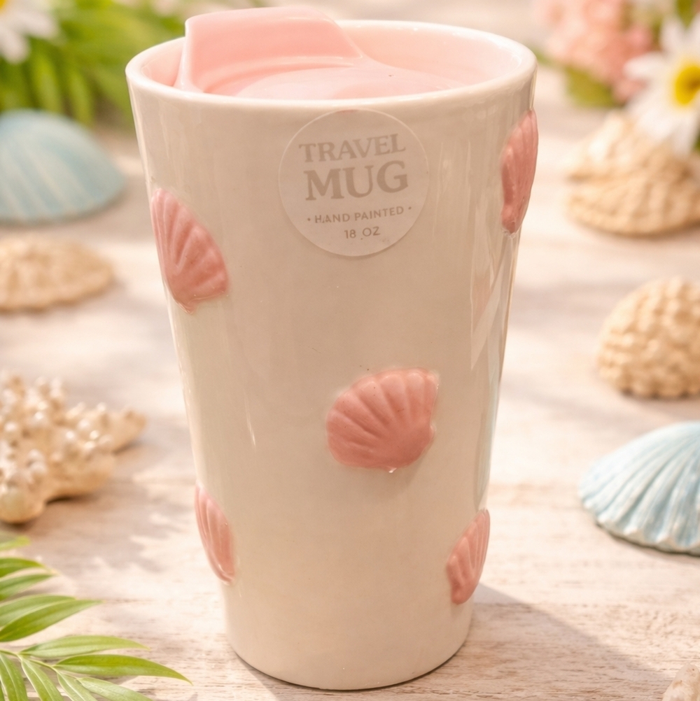 💕Hand-Painted Travel Mug with Pink Shells – 18 oz